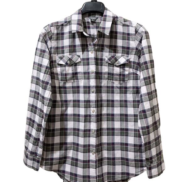 Eddie Bauer‎ Shirt Women Small S Lightweight Button-Up Green White Long Sleeves - Picture 1 of 6